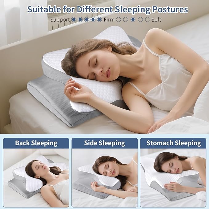 Cervical Neck Pillow for Pain Relief, Ergonomic Contour Pillow, Orthopedic Memory Foam Neck Support Pillow for Side, Back & Stomach Sleepers