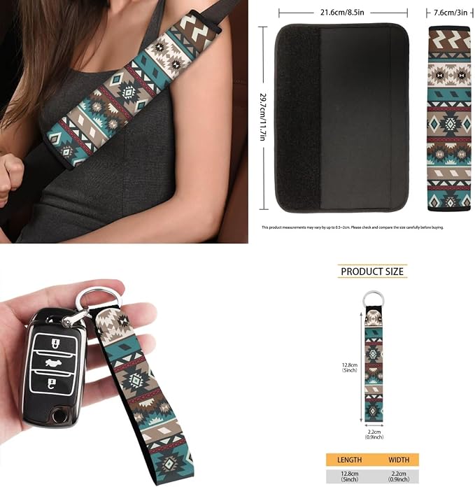 Southwestern Aztec Car Seat Covers Set of 15 with Universal Steering Wheel Cover, Rearview Mirror Cover, Car Trash Can, Seatbelt Pads, Cup Holder Coasters, Keychains