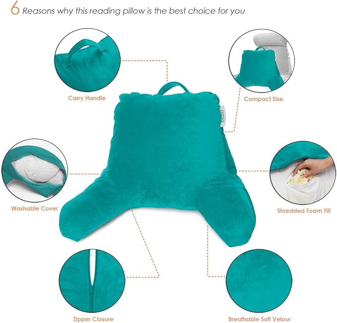 Nestl Reading Pillow for Kids & Teens with Shredded Memory Foam, Backrest Pillows for Reading, Watching, and Gaming, Use on The Couch, Bed, or Floor, Adjustable Support with Washable Cover Teal