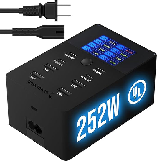 SABRENT VOLTIK Charging Station, 252W 8-Port USB C and USB A Desktop Charger, UL Certified with Real-Time LCD Display, Fast Charging for MacBook, iPhone, Samsung and More
