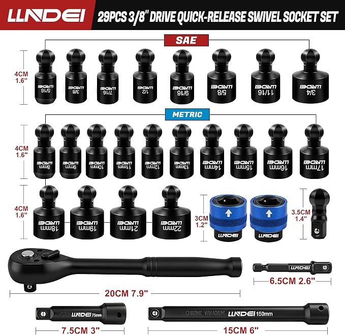 LLNDEI 29Pcs Swivel Socket Set, Quick Release Design, CR-MO 3/8 Swivel Sockets Metric(8-22mm)&Sae(5/16"-3/4"), Wobble Socket Set with Ratchet Wrench, Extension Bar and Adapters.