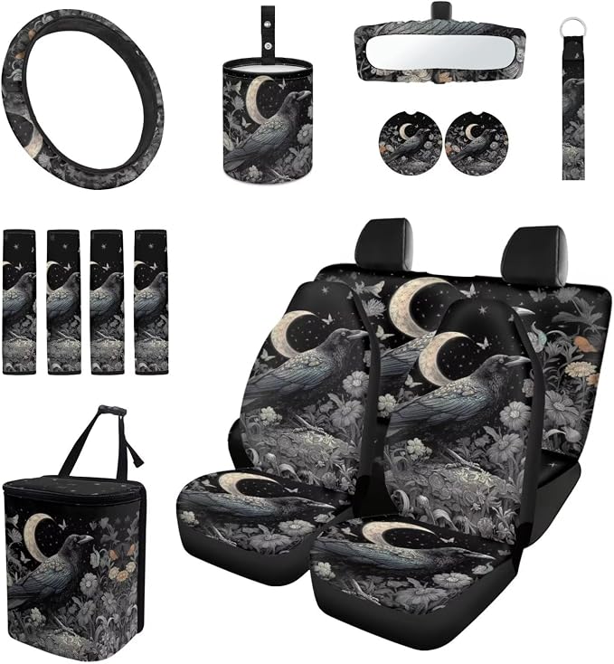 Moon Raven 15 PCS Car Seat Cover Set, with Steering Wheel Seat Belt Cover Rear View Mirror Cover Coaster Trash Cans Keychain Universal Fit