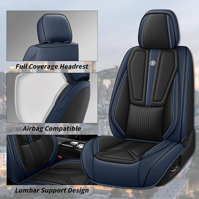 Arazi Fit for 90% of Mercedes-Benz Seat Covers, 360° Full Wrap Original Seat Cover, Waterproof Nappa Leather Seat Covers with Big Space Storage Pocket Seat Protector（2 Seats Standard, Black&Blue）