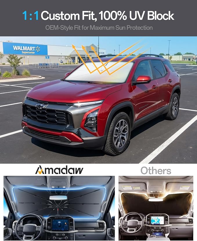 Windshield Sun Shade for Chevr Equinox 2005–2026, Foldable Umbrella Sunshade with 100% UV Block, Multi-Layer Heat Insulation, Reinforced 10-Rib Frame, Keeps Car Cooler, Summer Car Accessory