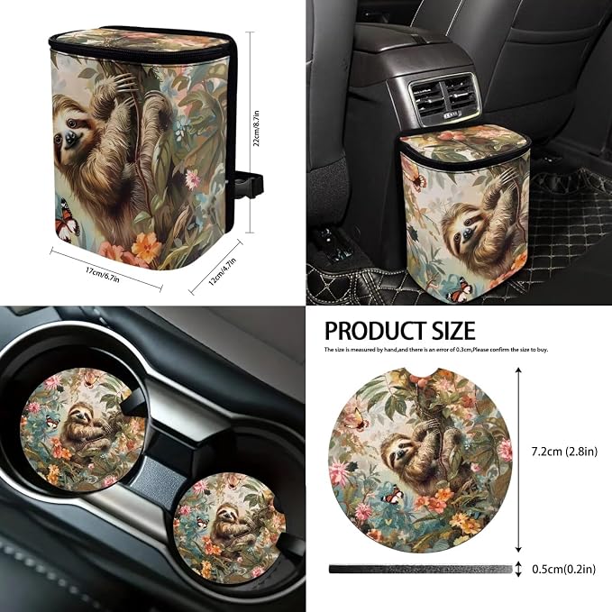 Suobstales Sloth Butterfly Flower Print 13 Pieces Car Seat Cover Set with Steering Wheel Cover/Seat Belt Pads/Car Trash Bin/Cup Coasters/Keychains/Rearview Mirror Cover Universak for SUV Truck Sedan