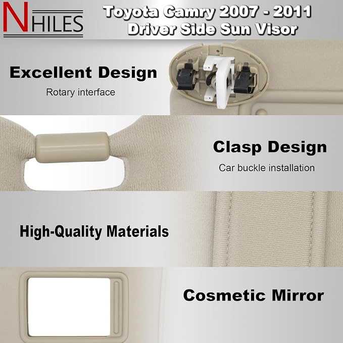NHILES Left Driver Side Sun Visor Fits for Toyota Camry 2007 2008 2009 2010 2011 Replacement Sun Shade with Light # 74320-33F00-E0 (Beige)