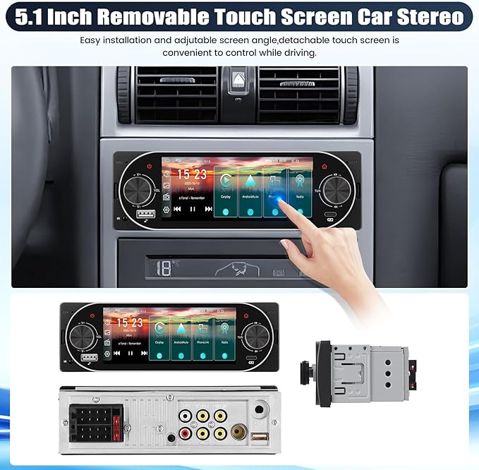 Single Din Touchscreen Car Stereo with Wireless Carplay&Android Auto,5.1" Car Radio MP5 Player with Bluetooth FM Radio EQ Car Audio with USB/Type-C SWC+Backup Camera