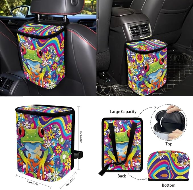 Hippie Frog Floral Print 15 Pack Car Seat Cover Set with Seatbelt Strap Pad Steering Wheel Covers Air Vent Storage Holder Coasters Trash Cans Rear View Mirror Cover Keychain