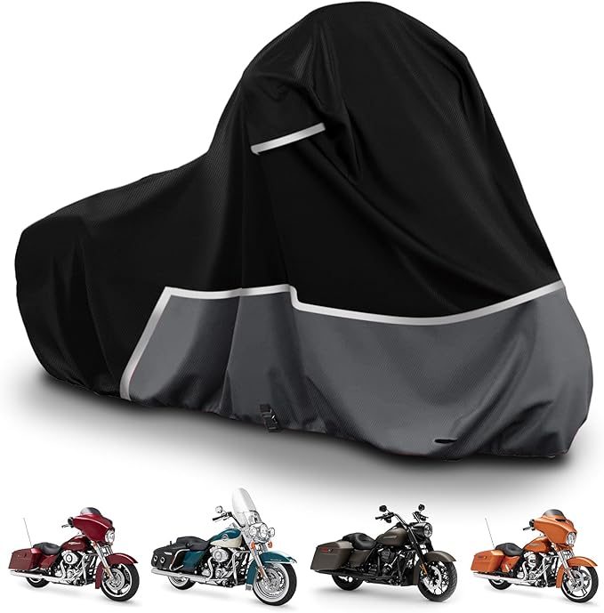 Waterproof Motorcycle Cover Compatible with Harley Davidson Electra Glide/Road King/Street Glide/CVO Road Touring Without Trunk Models, 420D Oxford Cloth Cover for Snow Rain Dust Protection