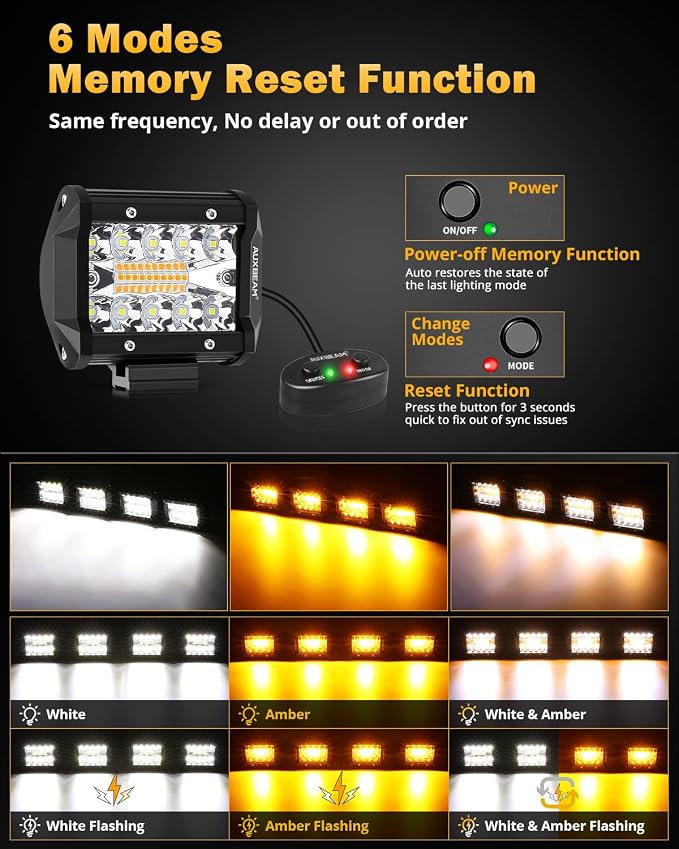 Auxbeam 6 Modes Amber White Series 4-Pack LED Pods Set Multi-Function | 4-inch off-road lights, Dual color strobe fog lights, Spot flood combo beam, 240W auxiliary light bar for offroad