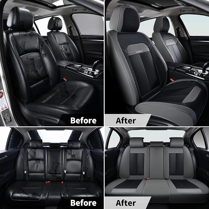 FLORICH Full Set Car Seat Covers 5pcs, Breathable Waterproof Nappa Leather Seat Covers, Gary Seat Covers, Automotive Interior Cover Universal for Cars SUV Truck Sedan - Gary (Grey, Fullset)