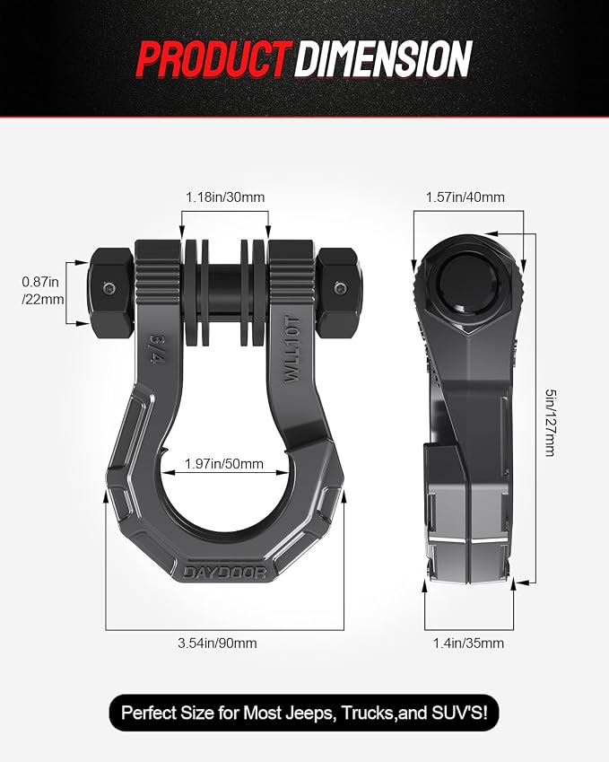 DAYDOOR 3/4" D Ring Shackles, Heavy Duty D Ring Shackles with 7/8 Pin, 45,000 lbs Break Strength Easy Open Towing Shackle for Off-Road Recovery, Winch, Trucks, Jeep, SUV & ATV (2 Pack)(Gray)