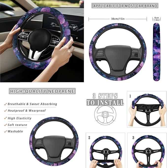 Purple Rose Butterfly 15 PCS Car Seat Cover Set with Auto Steering Wheel Cover Seat Belt Strap Protector Cup Holder Trash Bag Rear View Mirror Protector Keychain