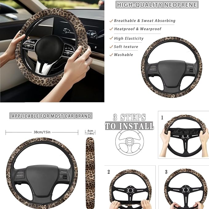 Brown Leopard Car Seat Covers Full Set 15 Pcs Universal Car Accessories Steering Wheel Cover Seat Belt Pads Garbage Bag Car Headrest Pillow Covers Armrest Pad