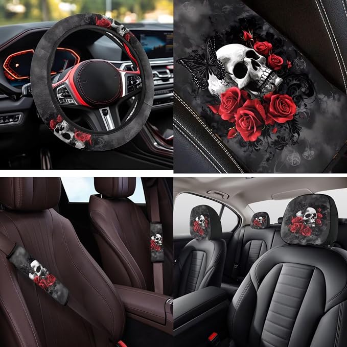 Bulopur Gothic Skull Red Rose Automotive Seat Covers Front and Rear with Car Steering Wheel Cover Armrest Cushion Pad Headrest Covers Seat Belt Pads Auto Interior Accessories Set 14 Pack