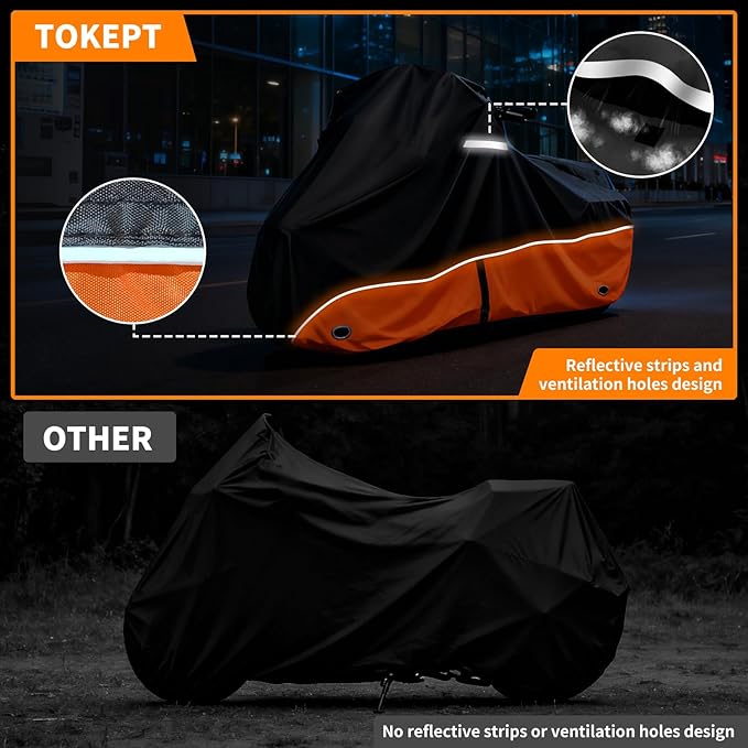 Motorcycle Cover 420D Heavy Duty All-Season Weatherproof Outdoor Protective Cover, Featuring Ventilation Holes & Night Reflective, 96" XXL Vehicle Cover/Black Orange