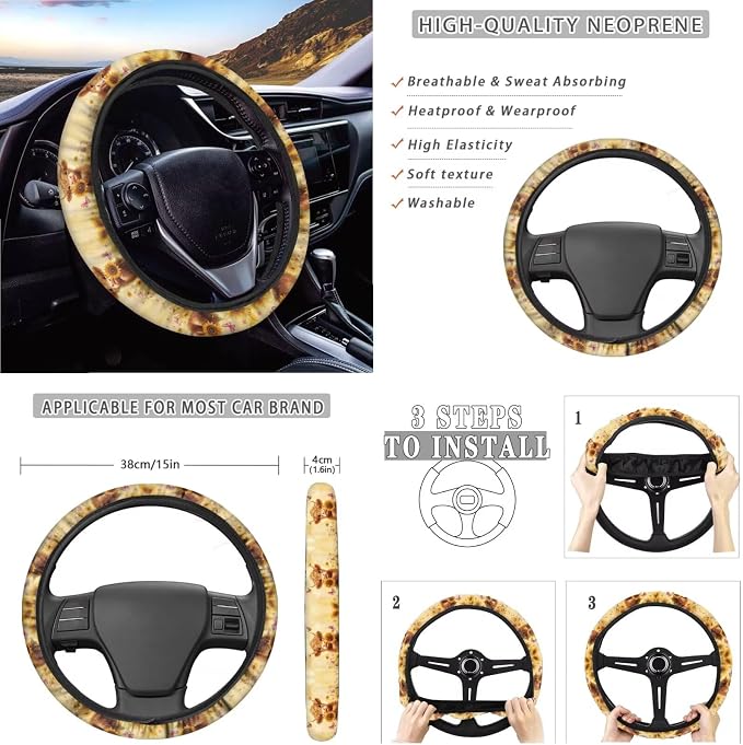 Suobstales Highland Cattle Sunflower Daisy Butterfly Print Car Accessories Car Seat Covers Full Set Interior Cover Seat Protectors with Steering Wheel Cover, Seat Belt Pads, Coaster, Keychains
