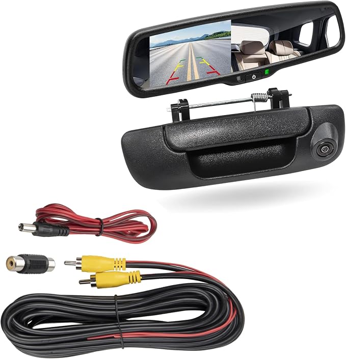 EWAY Tailgate Handle Backup Reverse Camera with 4.3 inch Rear View Mirror Monitor Kit for Dodge Ram 1500 2500 3500 2002-2008 Vehicle Safety Auto Reversing Parking Camera w/ 20FT RCA Extension Cable