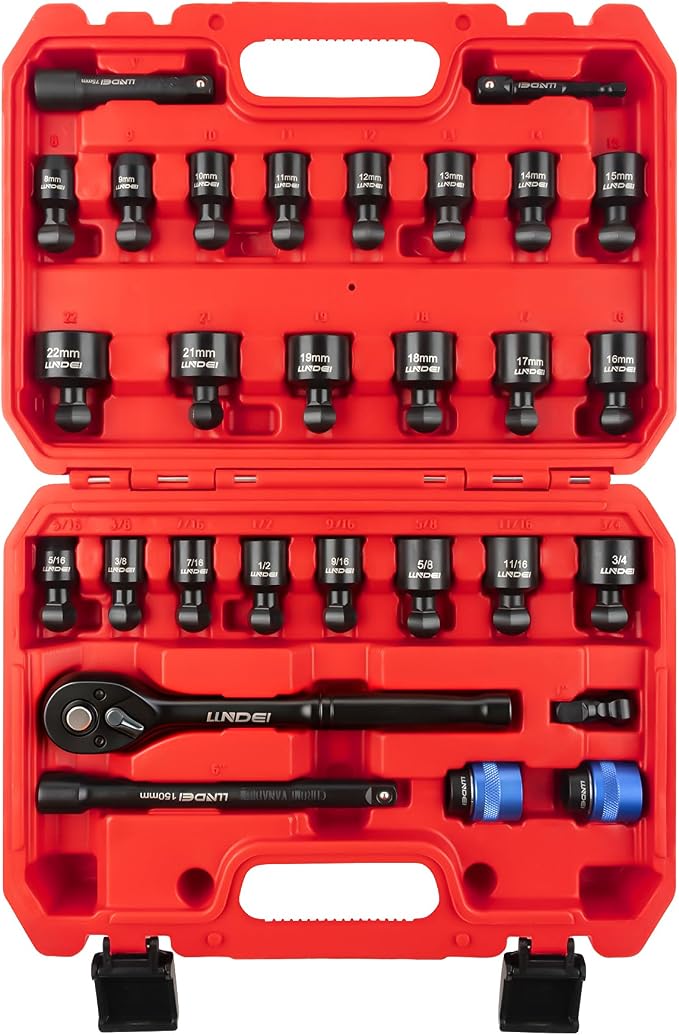 LLNDEI 29Pcs Swivel Socket Set, Quick Release Design, CR-MO 3/8 Swivel Sockets Metric(8-22mm)&Sae(5/16"-3/4"), Wobble Socket Set with Ratchet Wrench, Extension Bar and Adapters.