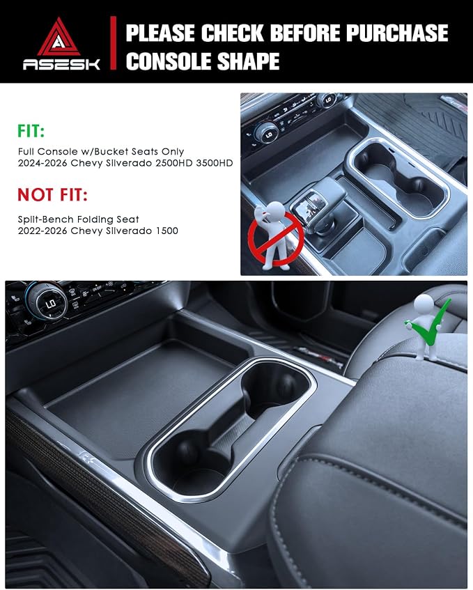 Refreshed Models 2024-2026 Chevy Silverado 2500HD/3500HD 2PCS Center Console&Armrest Cup Holder Inserts - Full Console w/Bucket Seats Only