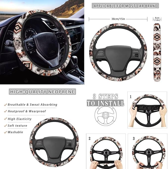 Wanyint 12 PCS Car Seat Cover Set for Women, with Non-Slip Steering Wheel Seatbelt Strap Shoulder Armrest Pad Handbrake Gear Shift Knob Cover Coasters, Aztec Navajo Leopard Print