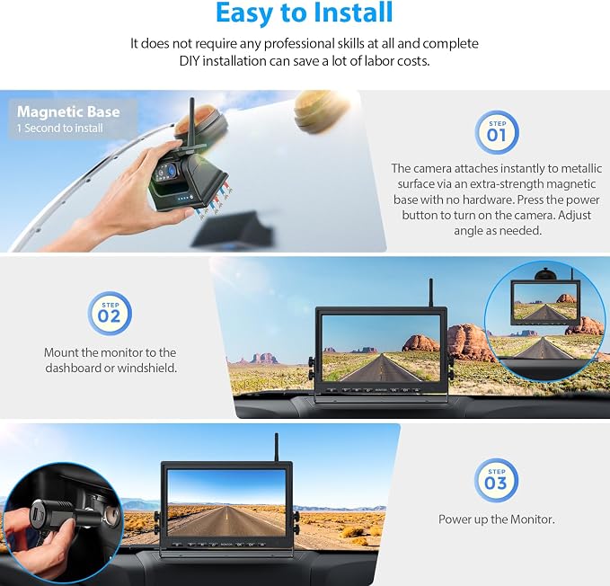 Magnetic Solar Wireless Backup Camera HD 1080P 10" DVR Monitor, Dual RV Cameras Wireless System for Hitch Towing Travel RV Camper 5th Wheel, Built-in 9600mAh Battery & Solar Panel, ZEROXCLUB BD102