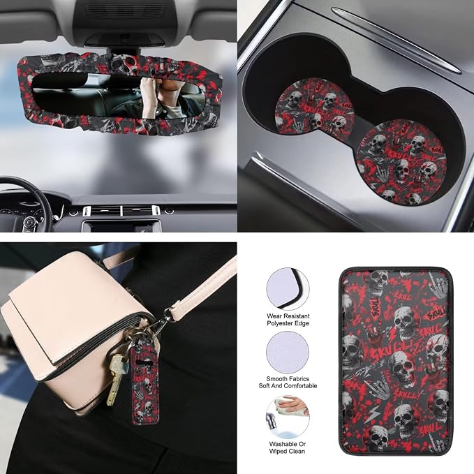 Skull Skeleton Print Car Seat Cover Full Set with Steering Wheel Covers Auto Seat Belt Pads Car Armrest Pad Car Rear View Mirror Protector Universal Fits, 15 Pack, Red