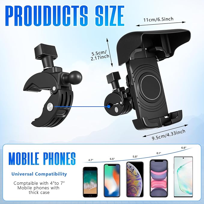 Tellegloww 1 Pack Boat Phone Holder, Marine Cell Phone Holder with Sunshade, Black 360 Degree Adjustable Knob Crab Clamp, Smartphone Accessory for Boat Rail, Car, Cycling, Pontoon and Outdoor Use