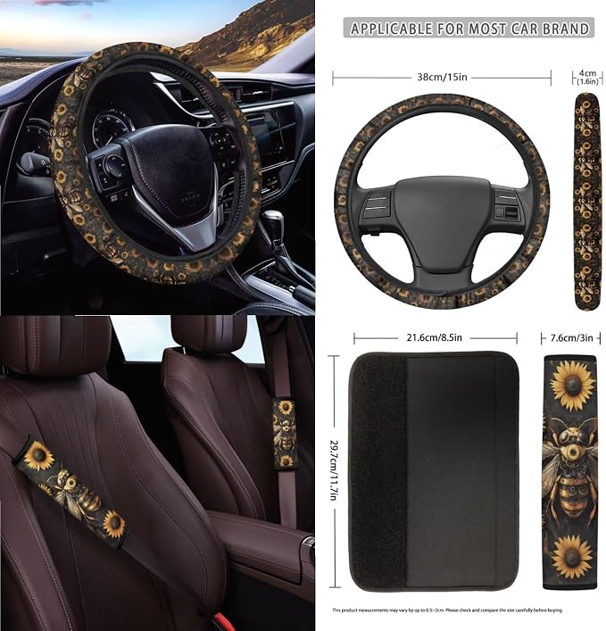 Bee Sunflower Pattern Car Seat Covers Full Set Steering Wheel Cover Seatbelt Covers Keychain Coasters Trash Bin Air Outlet Pocket Rearview Cover, 15pcs Car Interior