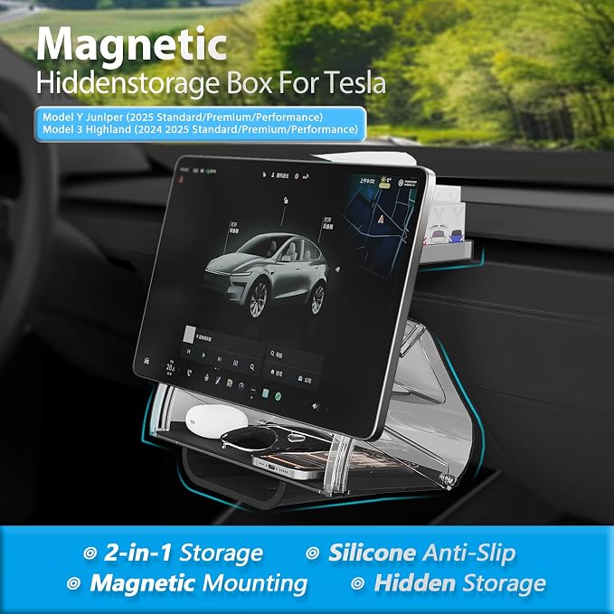 for Tesla Under Screen Storage, Open and Close Hideable Center Console Organizer Tray with Anti-Slip Silicone Pad, for Tesla Model 3 Highland 2023-2024 2025, Model Y 2024-2025