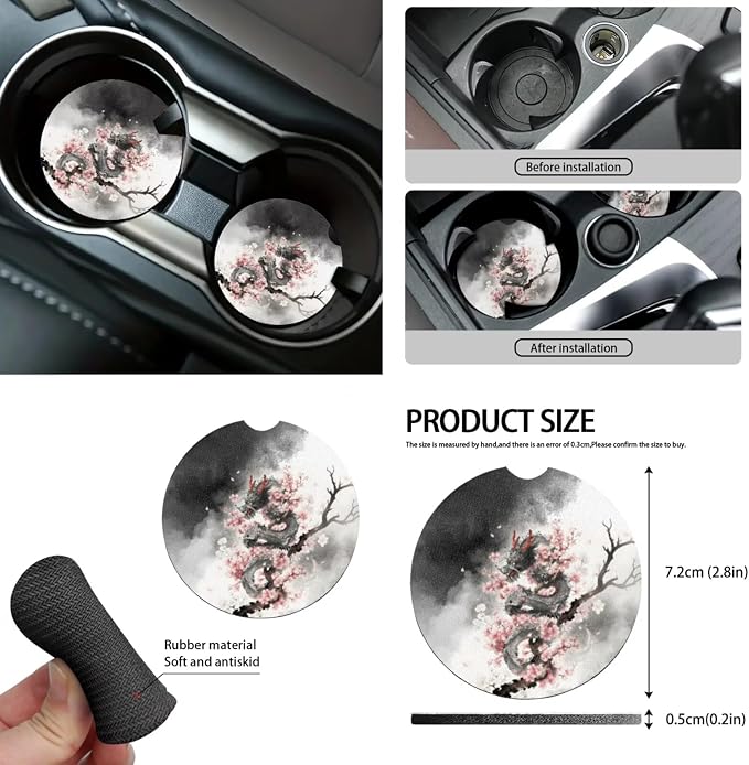Cool Dragon Cherry Blossom Print Car Accessories Car Seat Covers Full Set with Steering Wheel Covers+Seat Belt Pads+Coasters+Keychain+Lipstick Holder Universal Fit 13 Pack