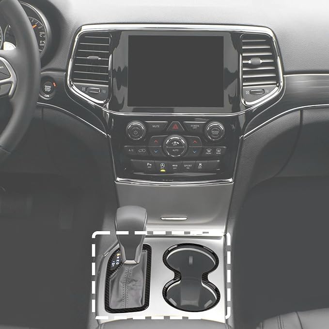 Jimen Fit for Jeep Grand Cherokee 2016-2021, 2PCS Front Cup Holder Trim Overlay & Gear Shift Cover (Carbon Fiber)