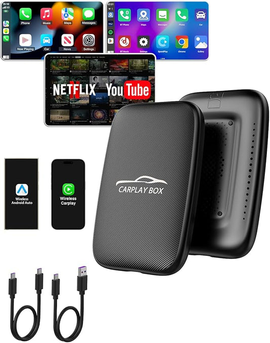 2025 New 4-in-1 Wireless CarPlay Adapter Support Netflix/YouTube/TF, Android Auto & Carplay Adapter with USB-A and USB-C Cables,Convert Wired to Wireless Apple Dongle, Video Box Car Play for iOS 10+