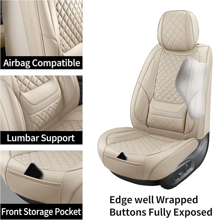 Leather Car Seat Covers Full Set Breathable Automotive Seat Covers Waterproof Seat Protectors Fit for Most Automotive Cars SUV Trucks Vehicle (Beige, Full Set)