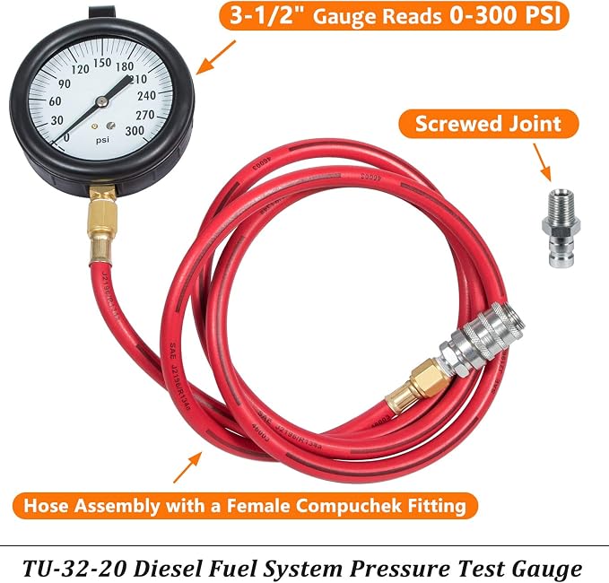 Bonbo TU-32-20 Compucheck Fuel System Pressure Test Gauge 0-300 PSI for Cummins & Other Diesel Engines with Compuchek Ports