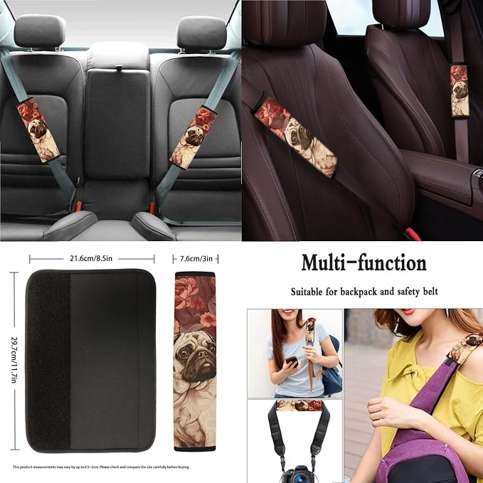 Suobstales Pug Dog Flower Print Car Seat Covers Set Interior Accessories Bucket Seat Cover Rear Split Bench Protection with Steering Wheel Covers,Seat Belt Cover Coaster,Keychains Fits Most Vehicles