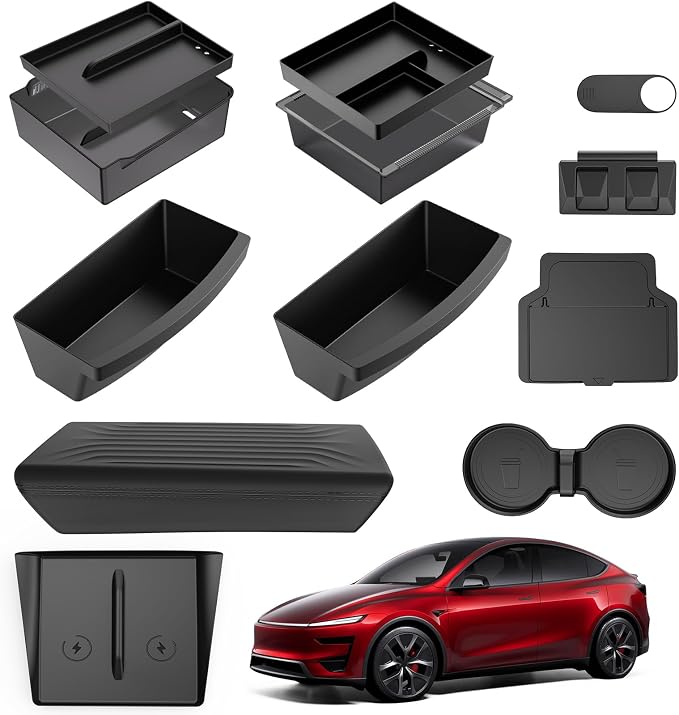 12PCS Center Console Organizer Tray for 2025 2026 Tesla Model Y Juniper Accessories, Under Seat Storage Armrest Hidden Storage Box Glove Box Hook Armrest Cover (Black, 12PCS 25-26 Model Y)