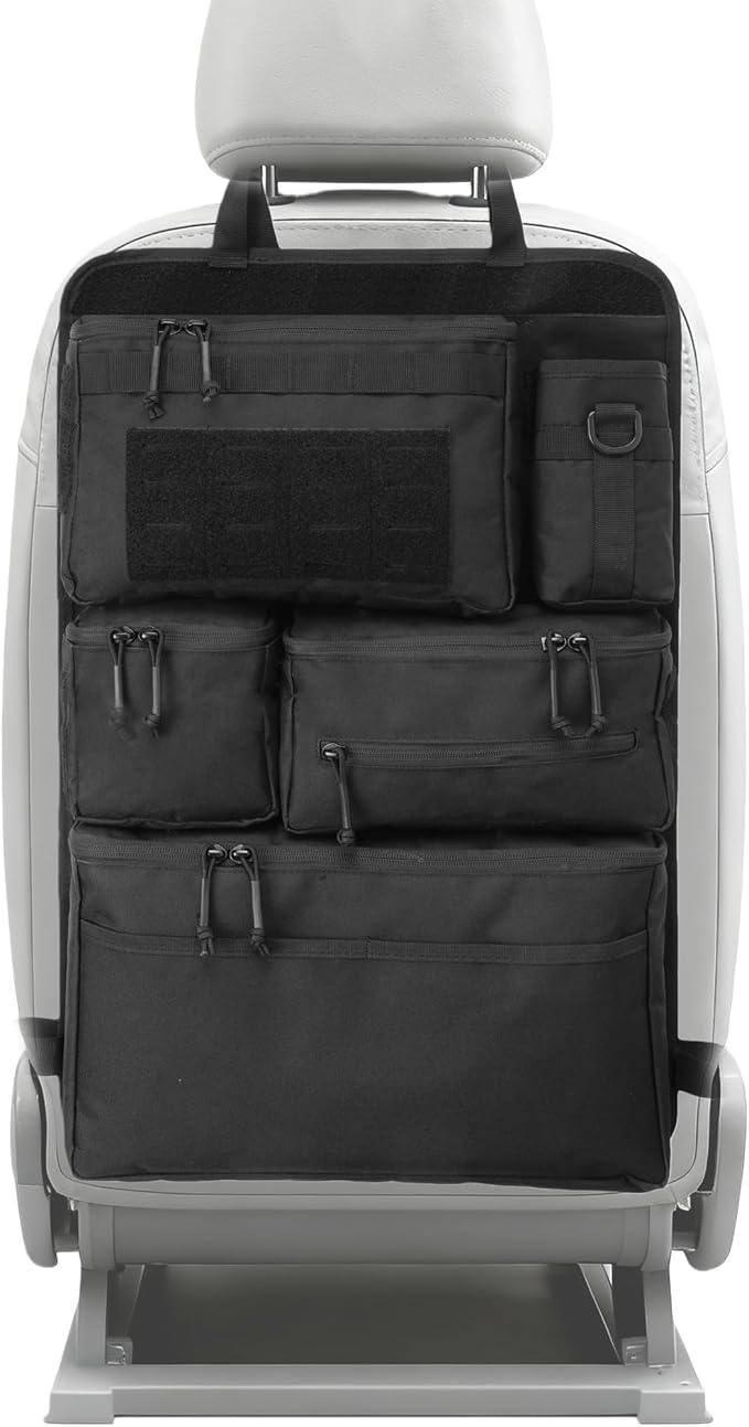 6 Pack Tactical Molle Car Seat Back Organizer - Tactical Vehicle Panel Organizer with 5 Detachable Molle Pouch,US Flag Patch and Keychain,Car Backseat Organizer,Great Trunk Accessories for Man