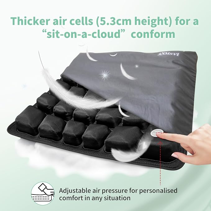 3D Air Inflatable Seat Cushion for Wheelchair & Office Chair - Adjustable Firmness Pad for Sciatica, Tailbone & Lower Back Pain Relief - Breathable, Anti-Slip, Washable Cover (18x16)