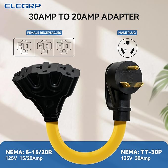 ELEGRP 30 Amp to 110 RV Adapter Plug, 3 Way Outlet Splitter, NEMA TT-30P to 3X5-15R/5-20R for Generator Camper Travel Trailer, 10AWG Heavy Duty STW with Grip Handles, UL Standard Compliant