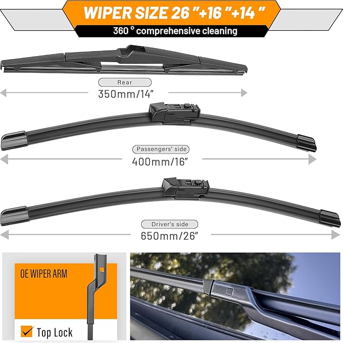 AUTOBOO 26"+16" Windshield Wipers with 14" Rear Wiper Blade Sets Replacement for Toyota CHR C-HR 2016 2017 2018 2019 2020 2021 2022 2023 -Original Factory Quality (Pack of 3)