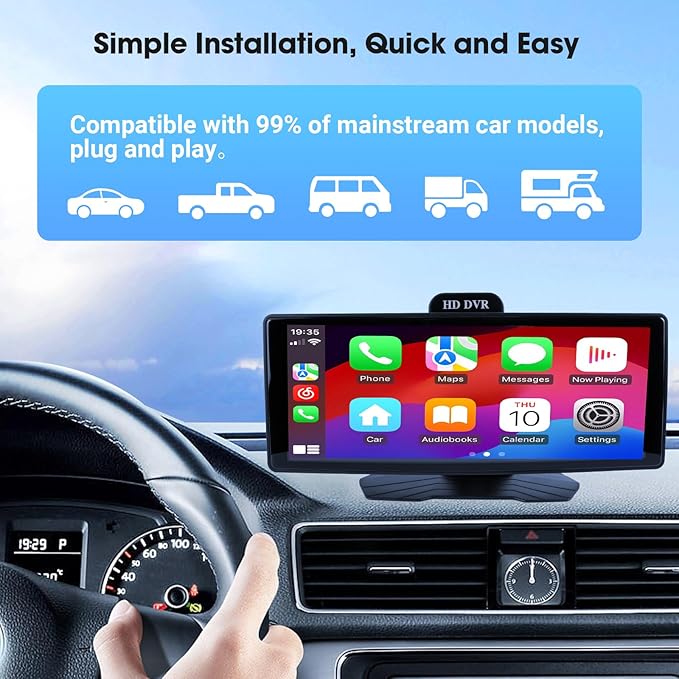 Haudio 9.3” Portable Wireless CarPlay Touch Screen, Plug & Play CarPlay Screen for Car, Apple CarPlay & Android Auto, 1080P Backup Camera, Voice Control, Bluetooth, GPS Navigation, No Installation
