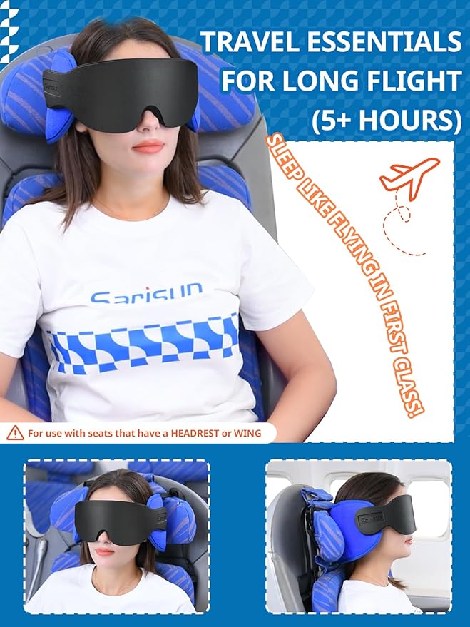 SARISUN Travel Pillows for Airplanes, Airplane Pillow for Long Flight, Airplane Head Strap with Eye Mask for Sleep, Travel Neck Pillow for Car Road Trip, 360° Support Headrest, Stop Bobblehead, Black