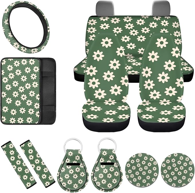 12 Pack Green Groovy Flower Car Seat Cover Sets Abstract Hippie Floral Seat Cushion for Women，Non Slip Coaster +15Inch Steering Wheel Covers Safety Seatbelt Keychains Decor Accessories