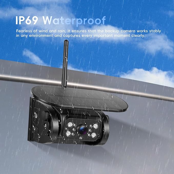 Magnetic Solar Wireless Backup Camera with 5 Inch IPS Monitor IP69 Infrared Night Vision No Wiring Rear View Reverse Monitoring Camera for Car/Truck/Trailer/RV