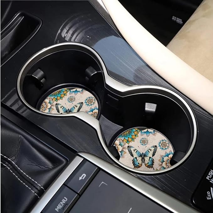 BIGCARJOB Boho Lotus Car Seat Covers Set 15 Pieces Butterfly Print Auto Seat Headrest Cover Universal Steering Wheel Cover Car Trash Can Hanging Auto Interior Accessories Set