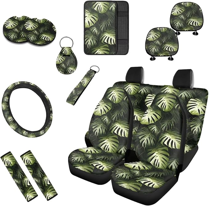 Monstera 13 Pcs Car Seat Covers Full Set, 3D Graphic Green Leaf Auto Front and Rear Bench Seat Protector, Tropital Plants Steering Wheel Sleeve Auto Armrest Cover