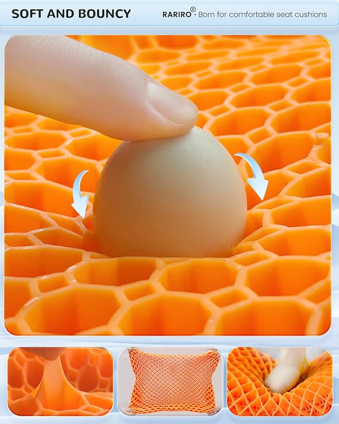 Enlarged 19.7" Gel Seat Cushion, Egg Gel Chair Pads for Wheelchair Pressure Coccyx Sciatica Pain Relief, Cooling Desk Seat Cushion for Kayak, Car, Office Chair Long Sitting[Orange]