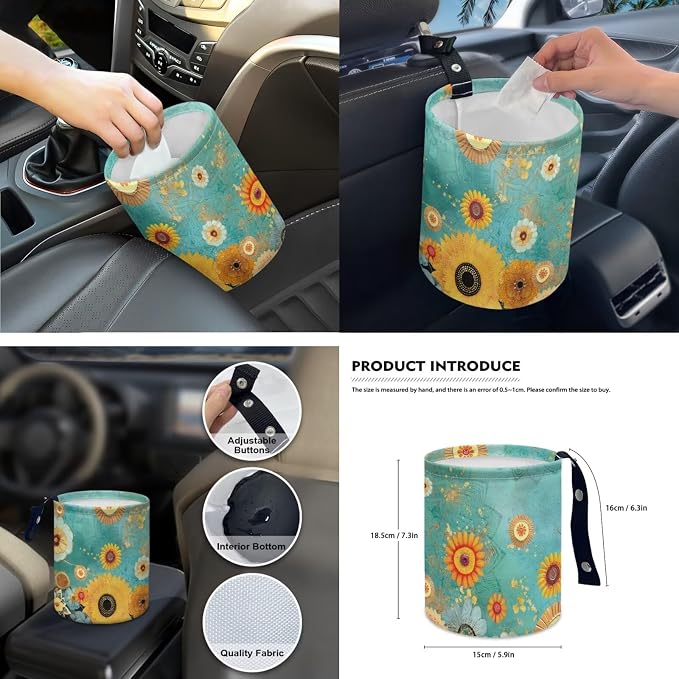 Floral 15 PCS Car Seat Cover Set with Auto Steering Wheel Cover Seat Belt Strap Protector Cup Holder Trash Bag Rear View Mirror Protector Keychain
