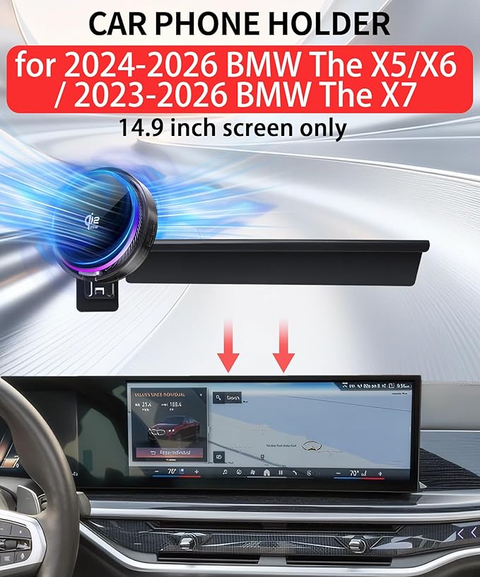 Qi2.2 25W Magnetic Car Mount Charger for 2024-2026 BMW The X5/X6/2023-2026 BMW X7 Accessories,for Fast Charging Cell Phone Holder 14.9 Inch Screen Fixed Clip with Cooling Fan＆54W Fast Adapter